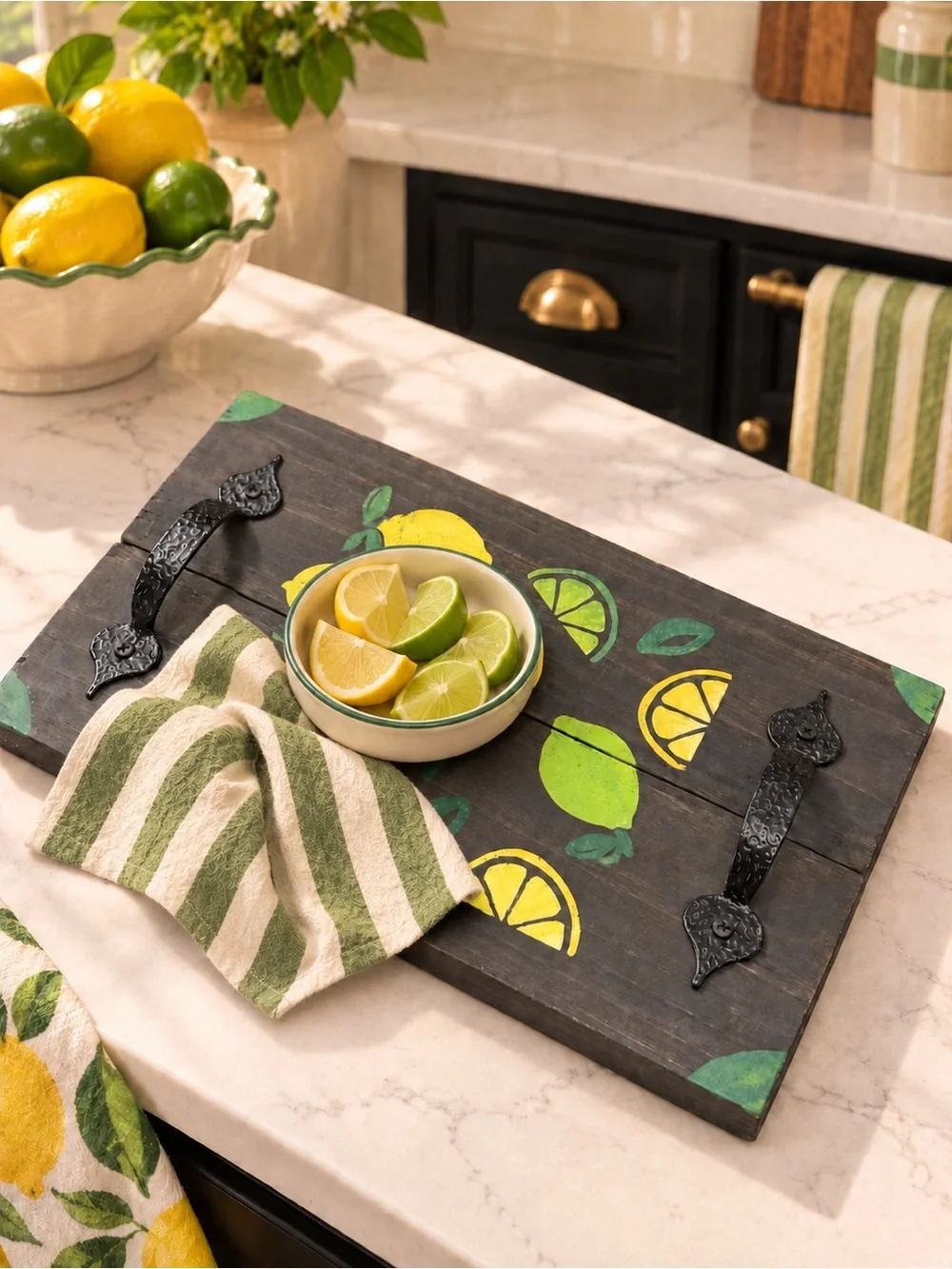 Decorative Yellow and Green Book Set - Home Kitchen Accent with Tray